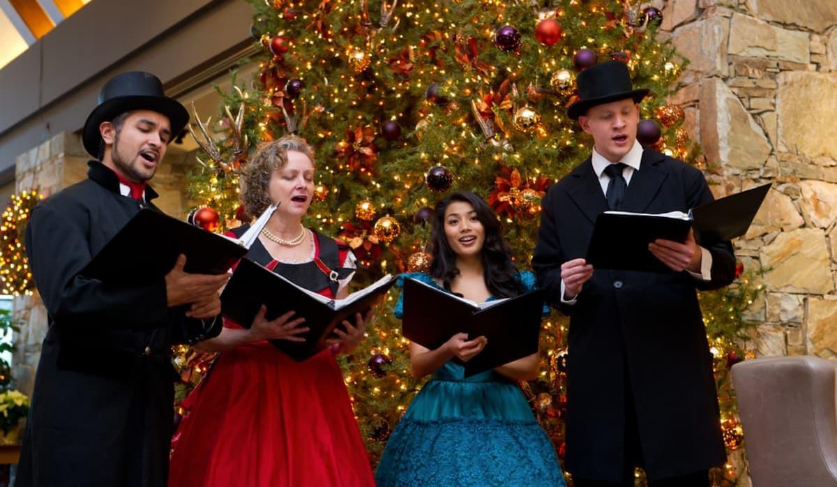 Christmas carolers outside the Fairmont Chateau in Whistler singing