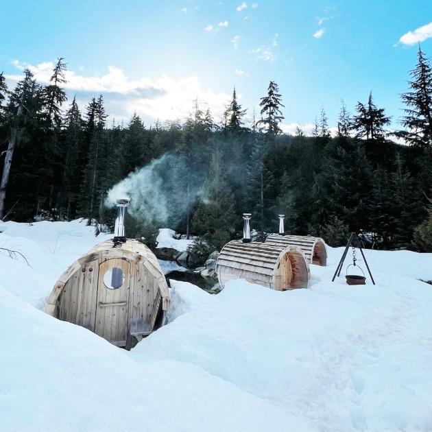 Cozy outdoor sauna in snowy Whistler setting.