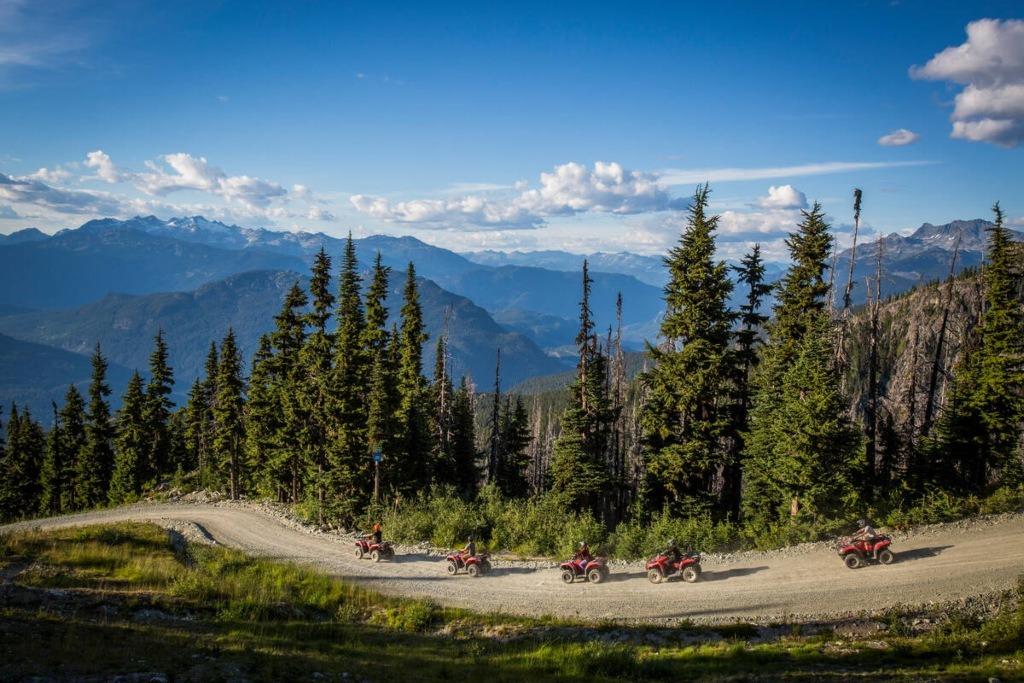 Five people riding red ATVs along a winding dirt trail through alpine forest, with panoramic mountain views and blue skies in Whistler during summer.